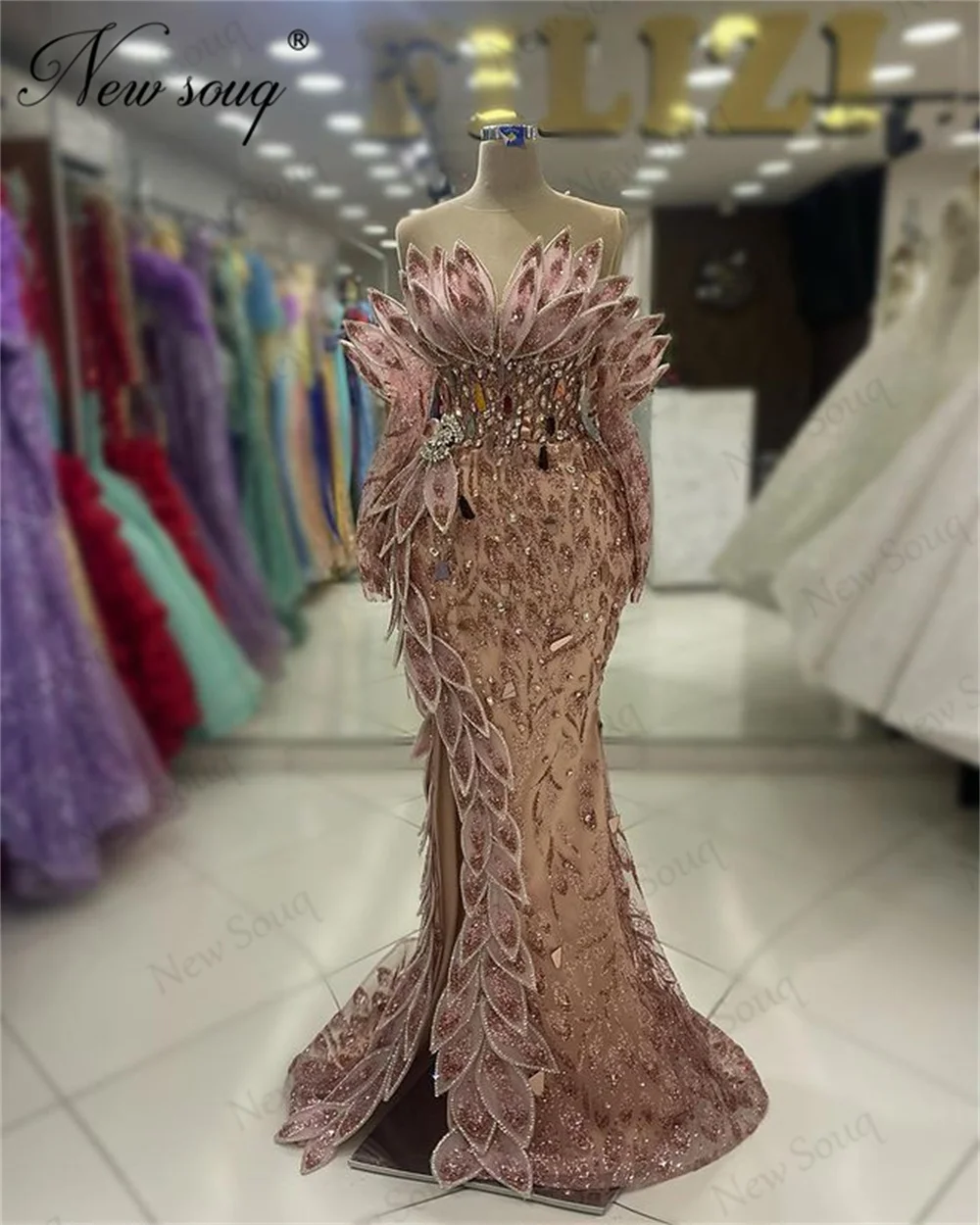 Pink Mermaid Party Dresses com folhas e cristais Beading, vestidos de noite, Dubai Celebrity Prom Dress, Kaftans, nova moda, 2024