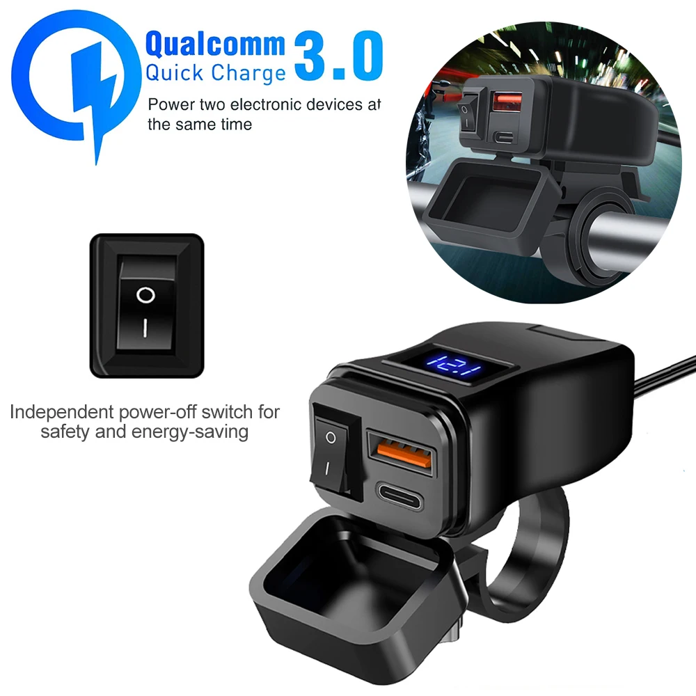 

60W PD+QC3.0 Fast Charge Motorcycle USB Charger Waterproof Handlebar Mounting Bracket Phone Charger 12V Power Adapter