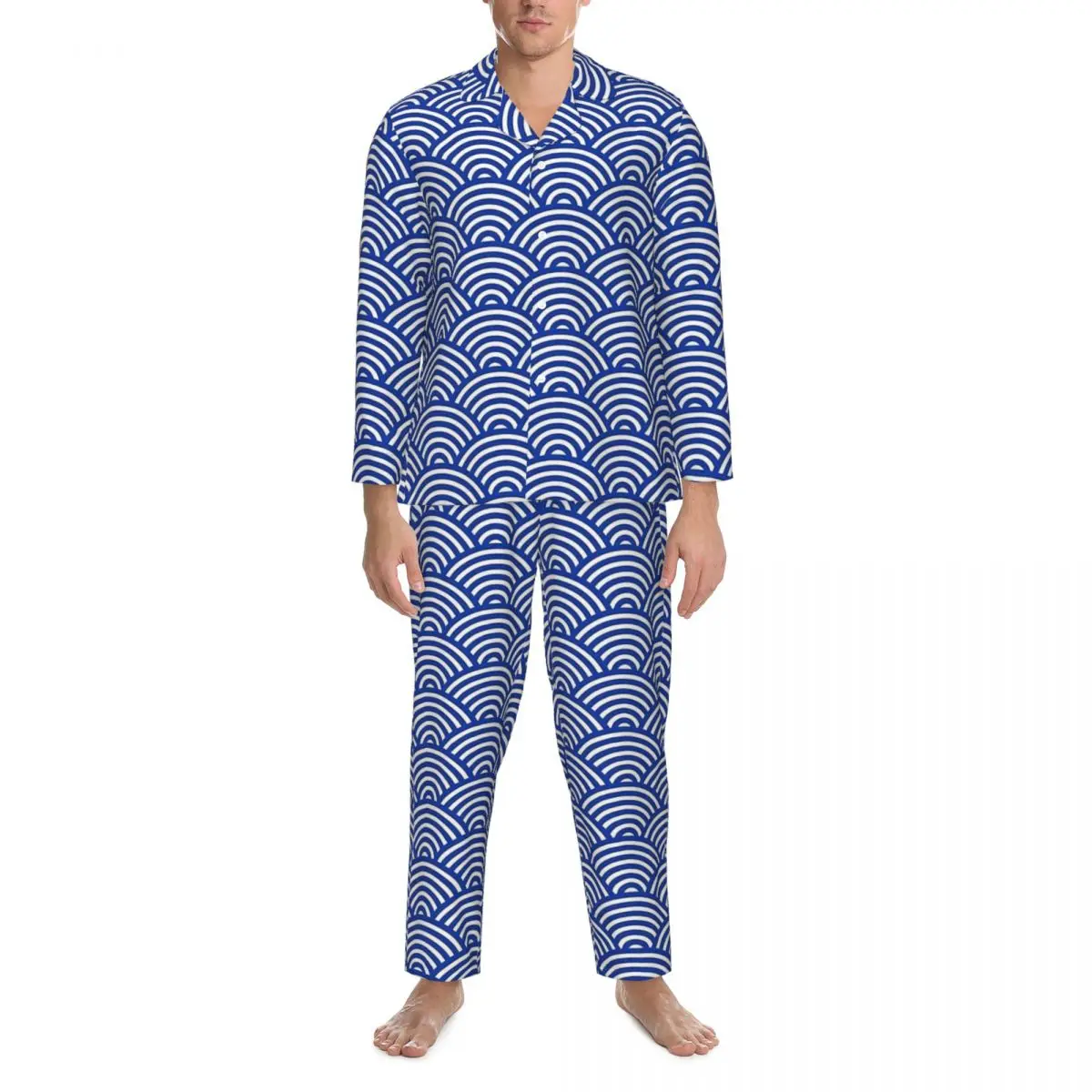 Japanese Wave Pajamas Male vintage print Kawaii Home Sleepwear Autumn Two Piece Loose Oversized Design Home Suit