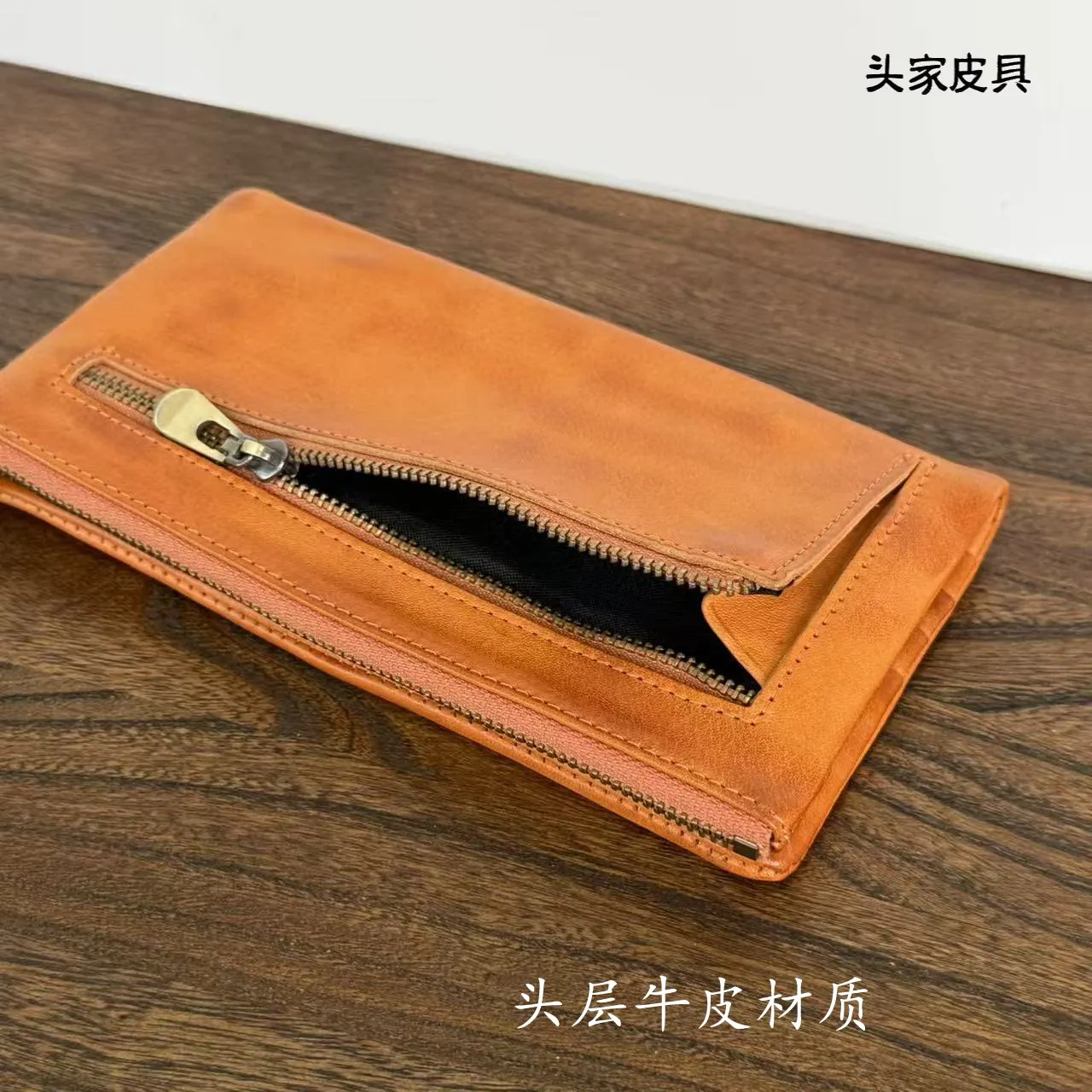 Multi-slot card case, top layer cowhide, retro, simple long card case for men and women, multi-functional