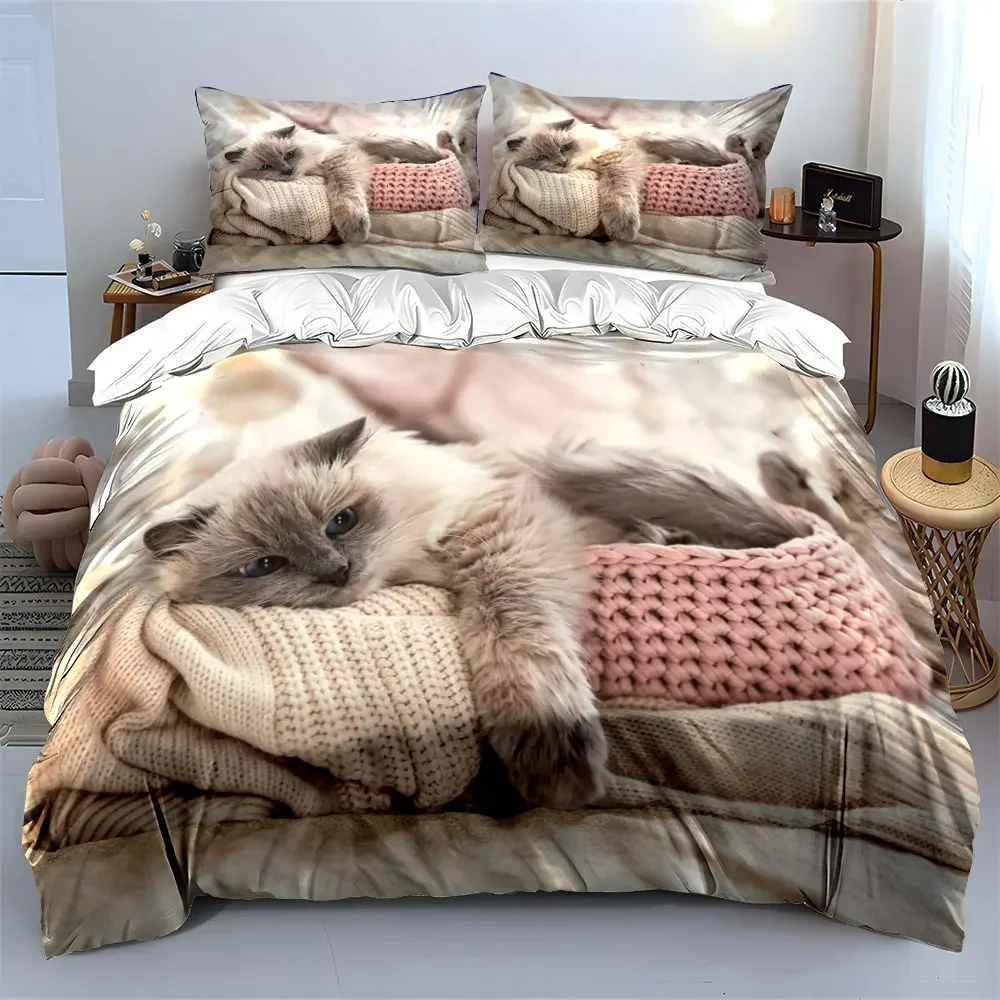 Cute Ragdoll Cat Bedding Set 3PC Soft Style Bed Linen for Cat Lovers(Includes 1 Duvet Cover And 2 Pillowcase),Great Family Gift
