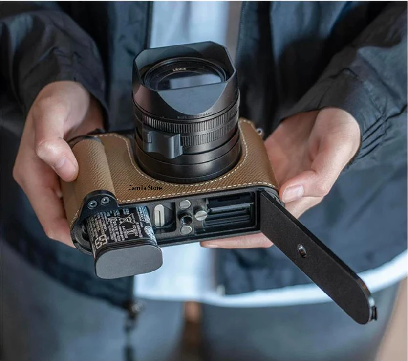 handwork Photo Camera Genuine leather cowhide Bag Body BOX Case For leica Q3 Q-3 Q43 hand grip Protective sleeve Metal base