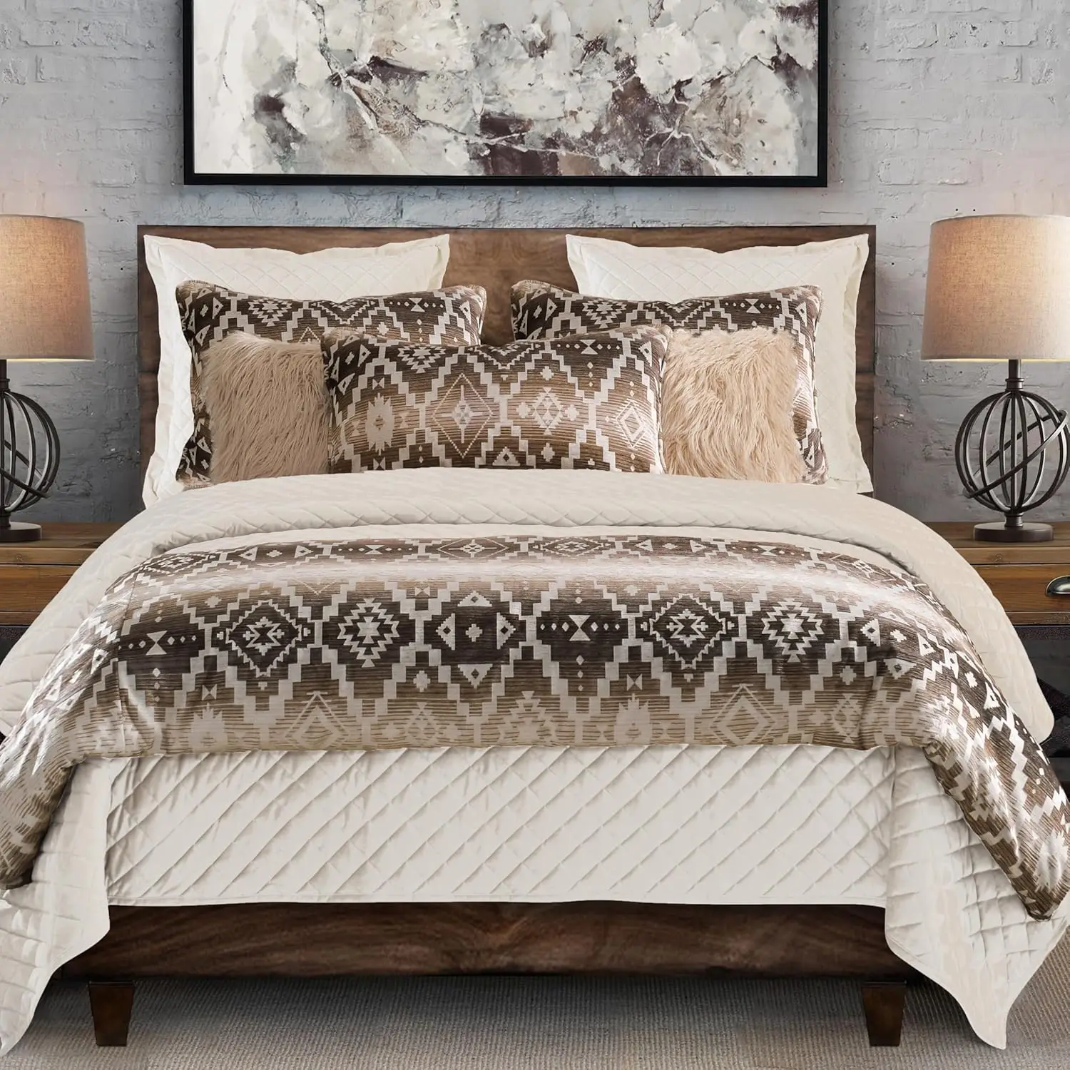 Paseo Road By Hiend Accents Chalet Western Bedding 3 Piece King Size Duvet Cover Set, Cream Brown Aztec Pattern Southwestern