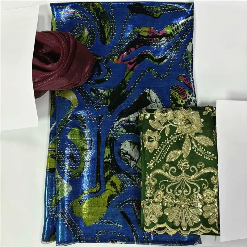 

2+2+3.65 Yards With Scarf gold African Lace Chiffon printing Silk Bridal Wedding Lace Fabric Nigerian Tulle Lace For Women 12L8