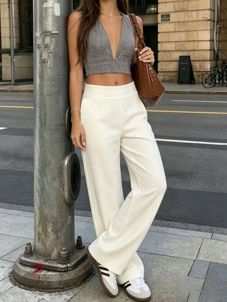 Damen-Hose mit geradem Bein, einfarbig, weich, hohe Taille, weites Bein, Yoga-Leggings, atmungsaktiv, lockere Jogginghose für Fitness, Laufen, Alltagskleidung – Detail 4