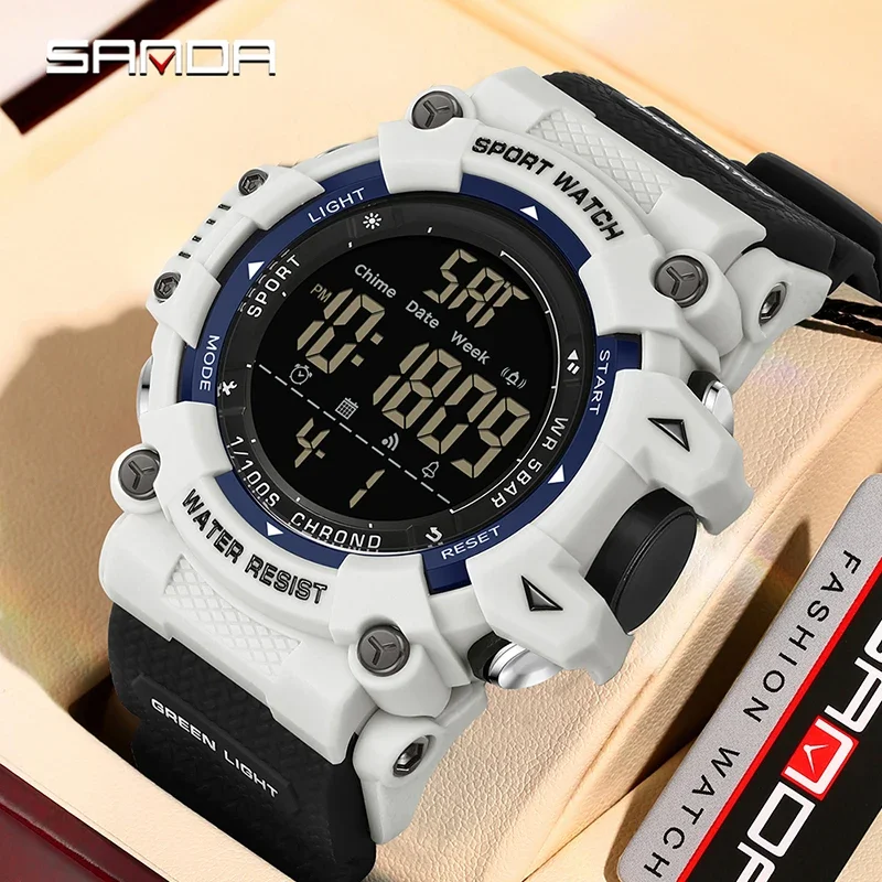 SANDA Fashion ساعة إلكترونية رياضية للرجال بإضاءة ليلية LED تناظرية رقمية للعد التنازلي وساعة يد إلكترونية للطلاب