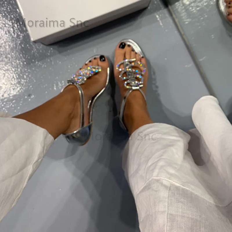 Snake Rhinestone Flats Sandals Bling Bling Silver Leather Clip Toe Sandals Summer Shoes Comfortable Beach Women\'s Crystal Shoes