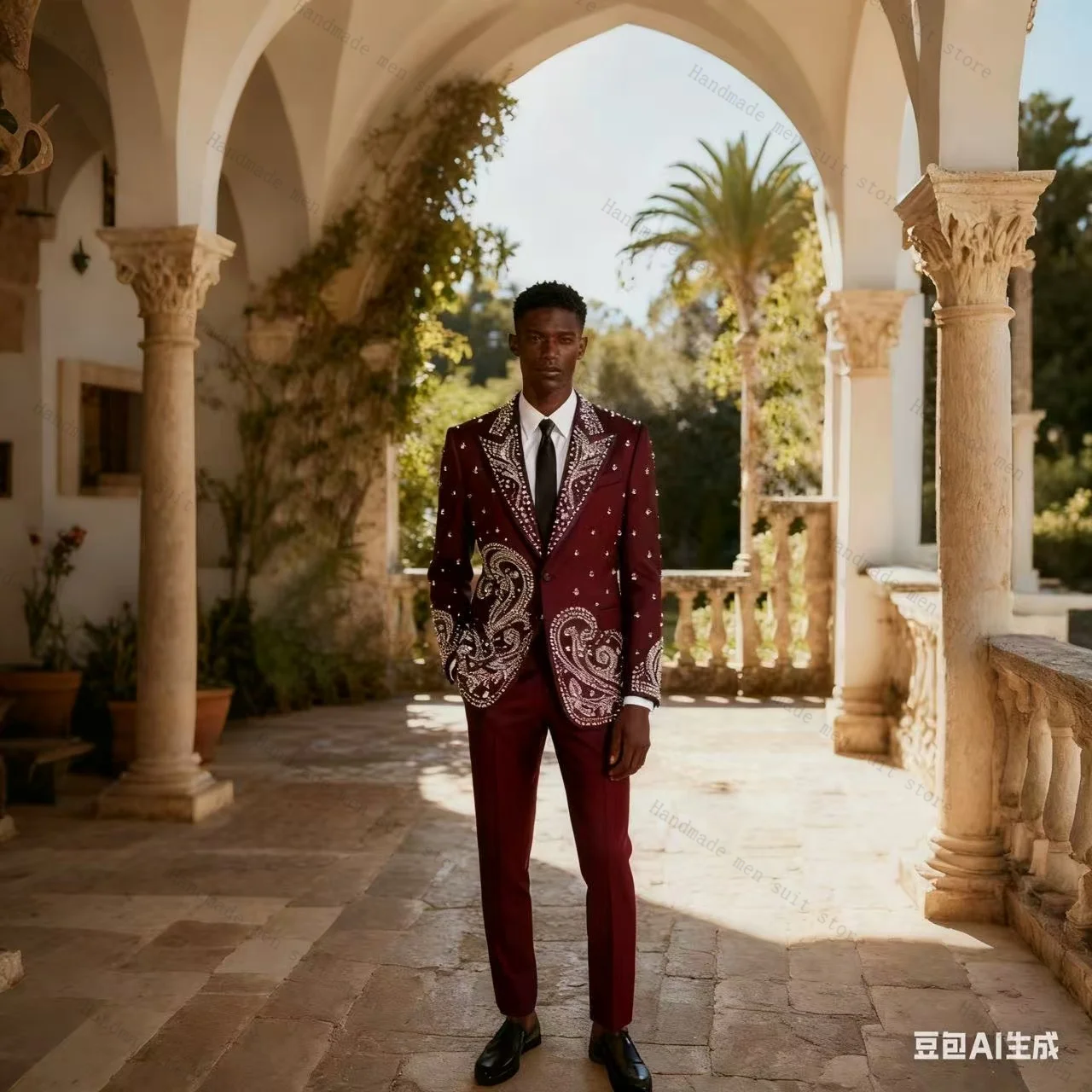 

Formal Burgundy Men Suit Set 2 Pcs Blazer+Pants Crystals Prom Wedding Tuxedos Coat Cotton Customized Office Business Jacket