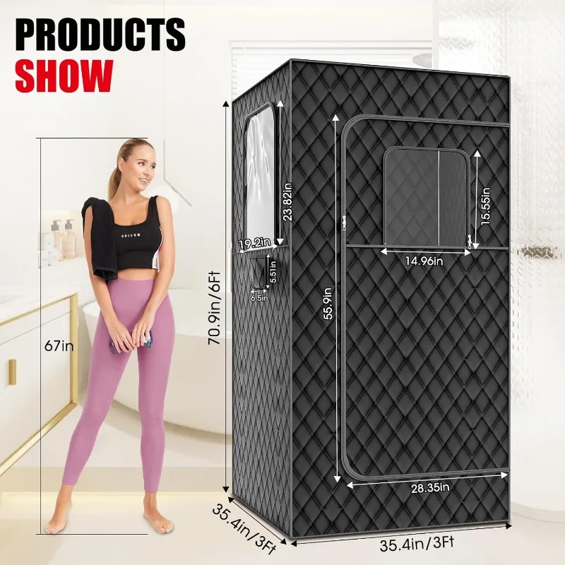 Home Portable Steam Sauna, 3Ft*3Ft*6Ft Sauna Tent Sauna Box with 3L 1200W Steamer, Remote Control, Folding Chair,