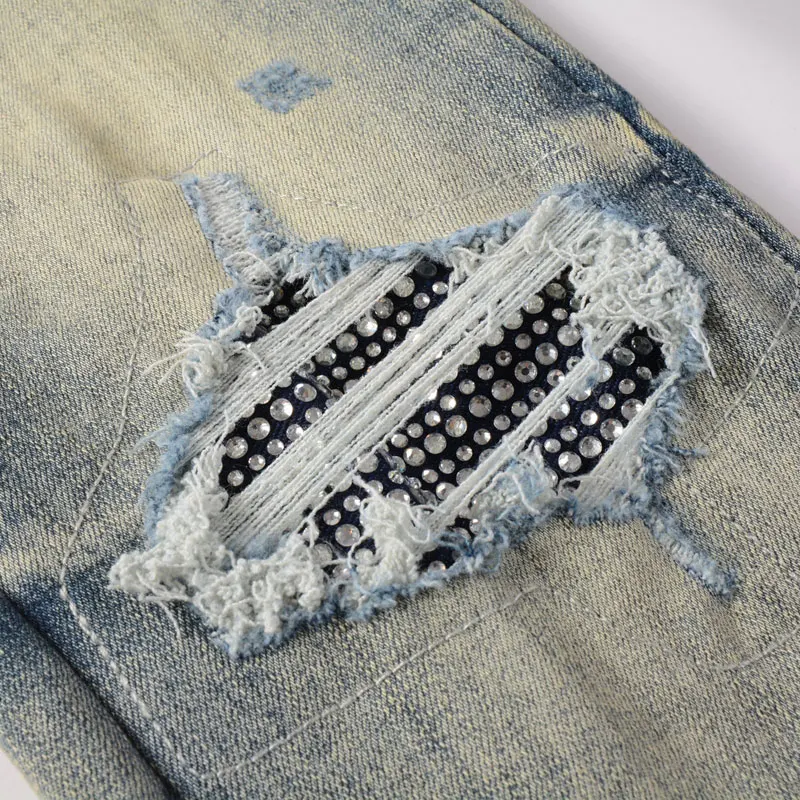 

Fashionable new jeans men's jeans retro light blue washed nostalgic stretch slim fit bead patch jeans high street hip-hop brand