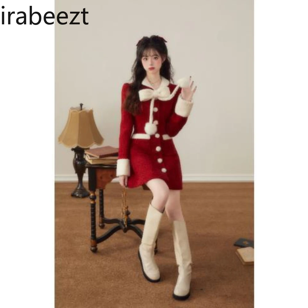 2024 Winter New Christmas Girl Plush Splicing Bow Red Waist Slimming A-line Dress Streetwear Vestidos Elegantes Para Mujer