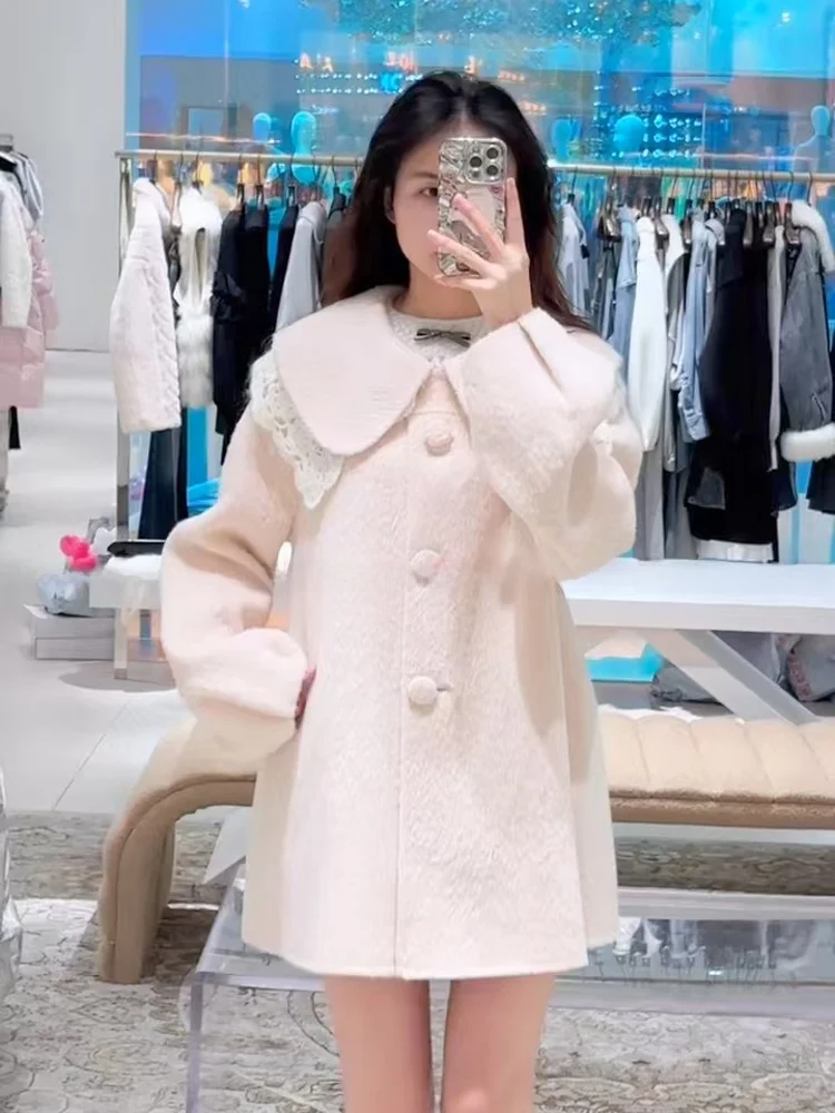 

Sweet Cute Lace Doll Collar Lantern Sve Loose Versatile Woolen Coat Outerwear Commute Simple Sle Long Sve Midi Coat