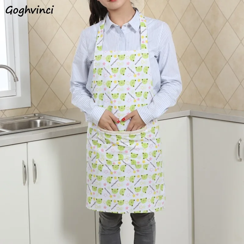 Cute Printed Aprons Adult Kitchen Cooking Simple Pockets Korean Style Household Cleaning Tools New Bathroom Neat Cotton Linen