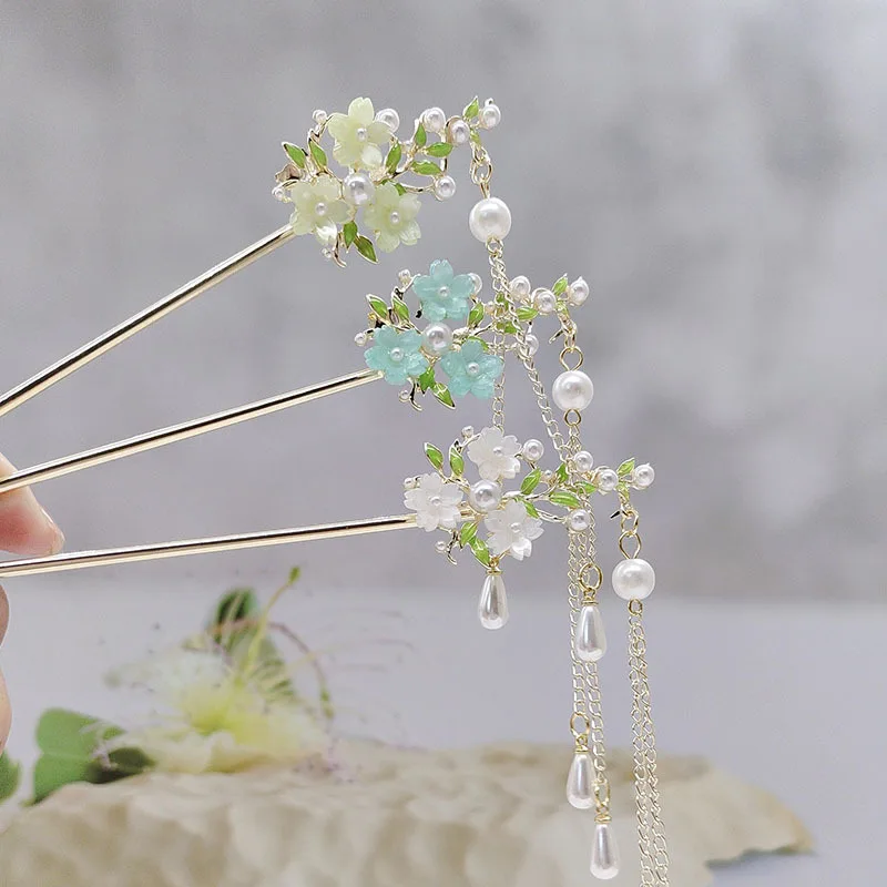 

Pearl tassel flower hairpin for women, ancient-style walking and coiled hairpin