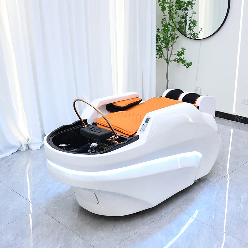 High Quality Barbershop Furniture White Fiberglass Frame Massage Shampoo Chair Luxury Electric Head Spa Washing Bed with Lights