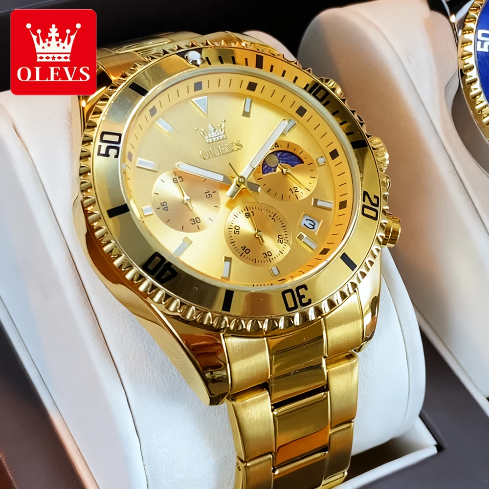 

OLEVS Luxury Fashion Men's Watches Fine Steel Chronograph Original Quartz Wristwatch Waterproof Luminous Moon Phase Date 2870