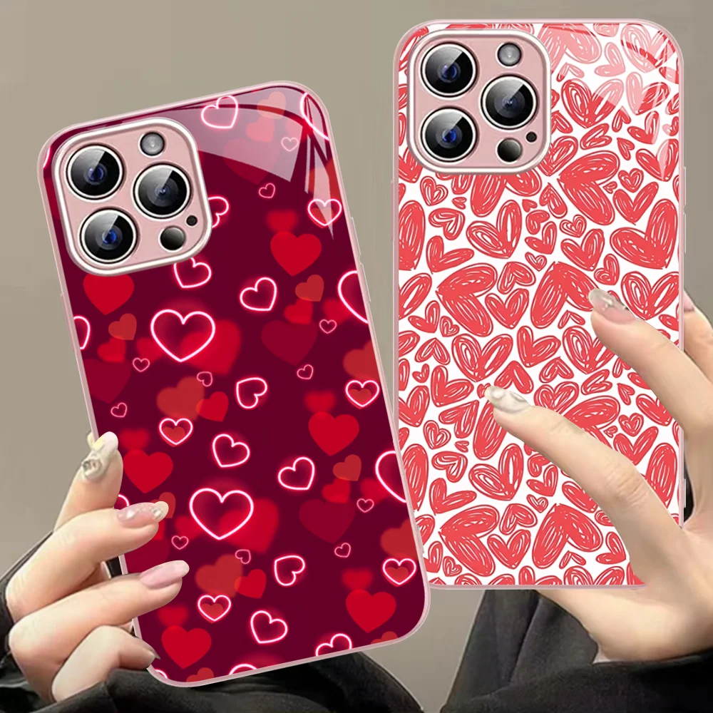 Graffiti Pink Love Heart Phone Case For iPhone 14 13 12 Mini 11 Pro XS Max X XR 14 Plus Tempered Glass Cover