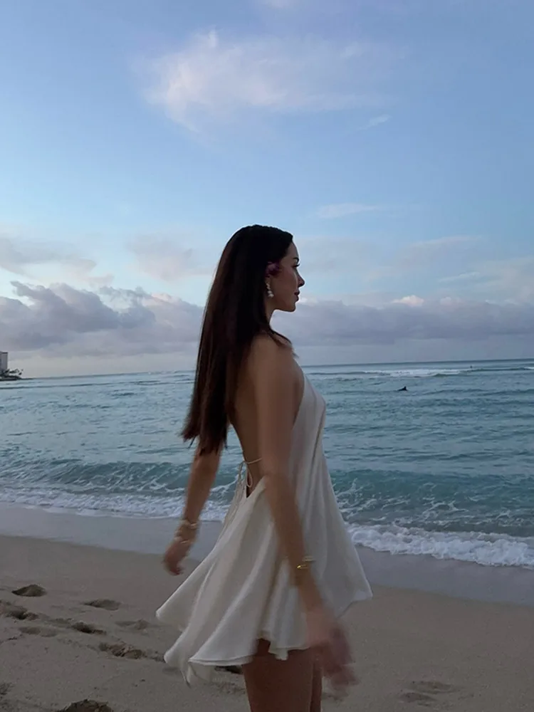 Mulheres sexy halter em camadas babados mini vestido moda fora do ombro sem costas uma linha vestidos primavera verão chique senhora vestidos curtos