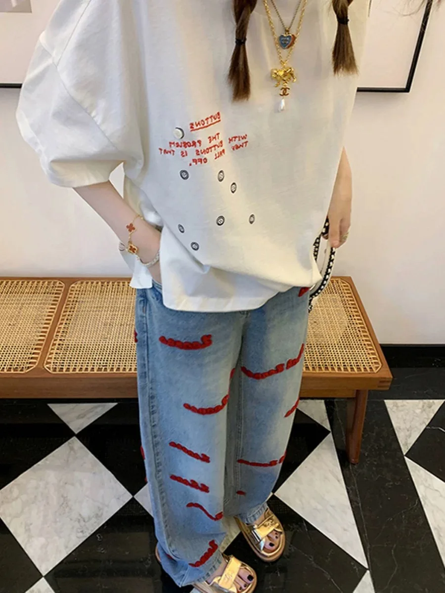 Y2K High Waisted Jeans Women American Retro Embroidered Loose Fit Slimming Wide Leg Straight Pants Autumn New