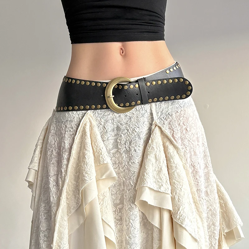 

Darlingaga Streetwear Black PU Leather With Rivets Belts Women's Fashion Wide All Match Waistband Chic Accessories Vintage Trend