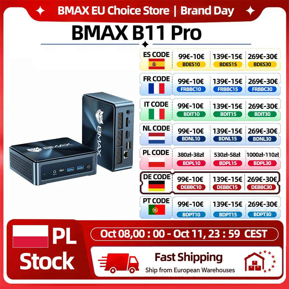BMAX B11 Pro Mini AI PC, Intel Core Ultra 5 115U, 8 cores, 10 threads, 16 GB RAM, 512 GB SSD, WiFi, Bluetooth, USB, HDMI, Type-C, Windows 11.