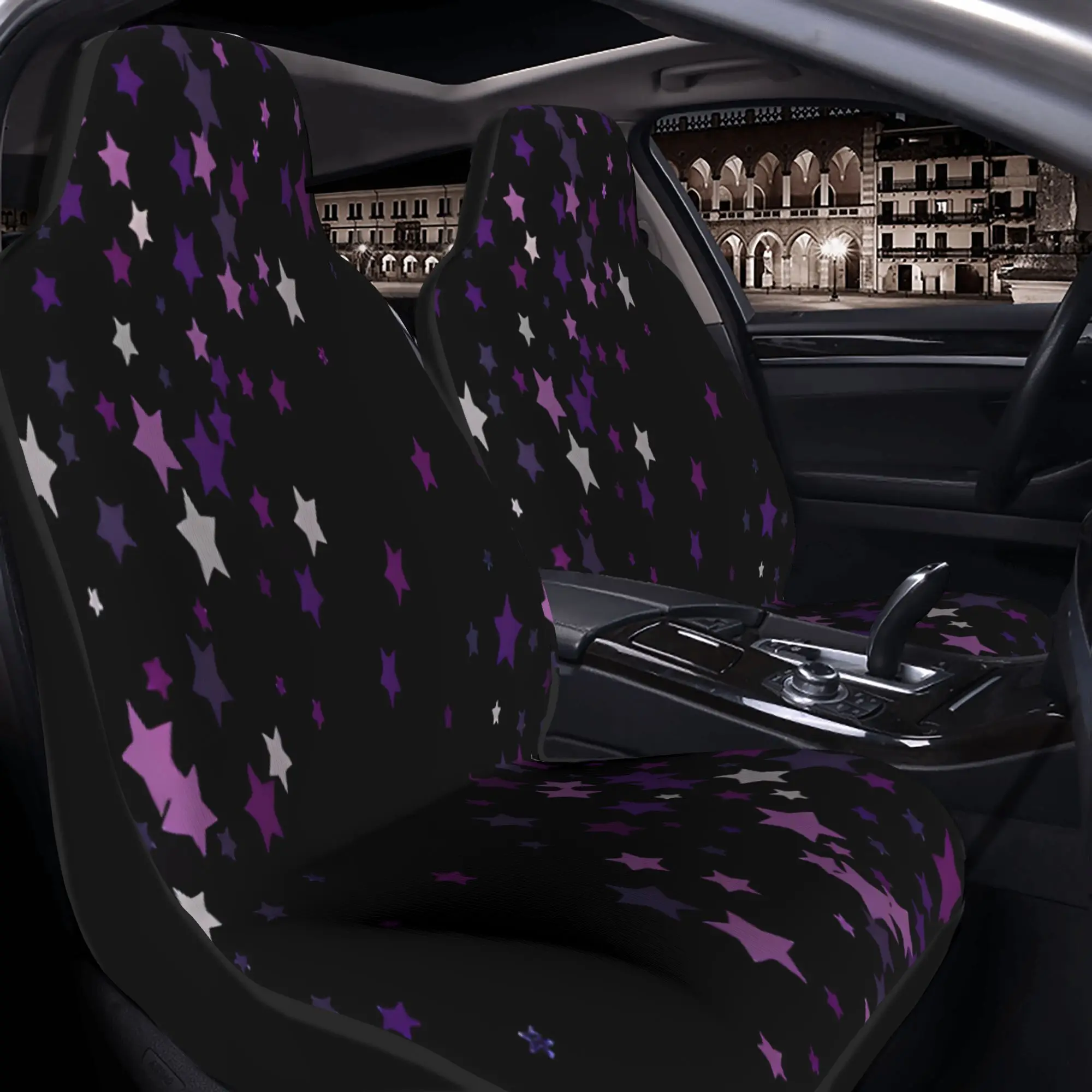 2pcs Starry Night: A Field Of Purple And White Stars On Black BackgroundCar Seat Covers, Suitable For All Vehicles, Christmas Gi