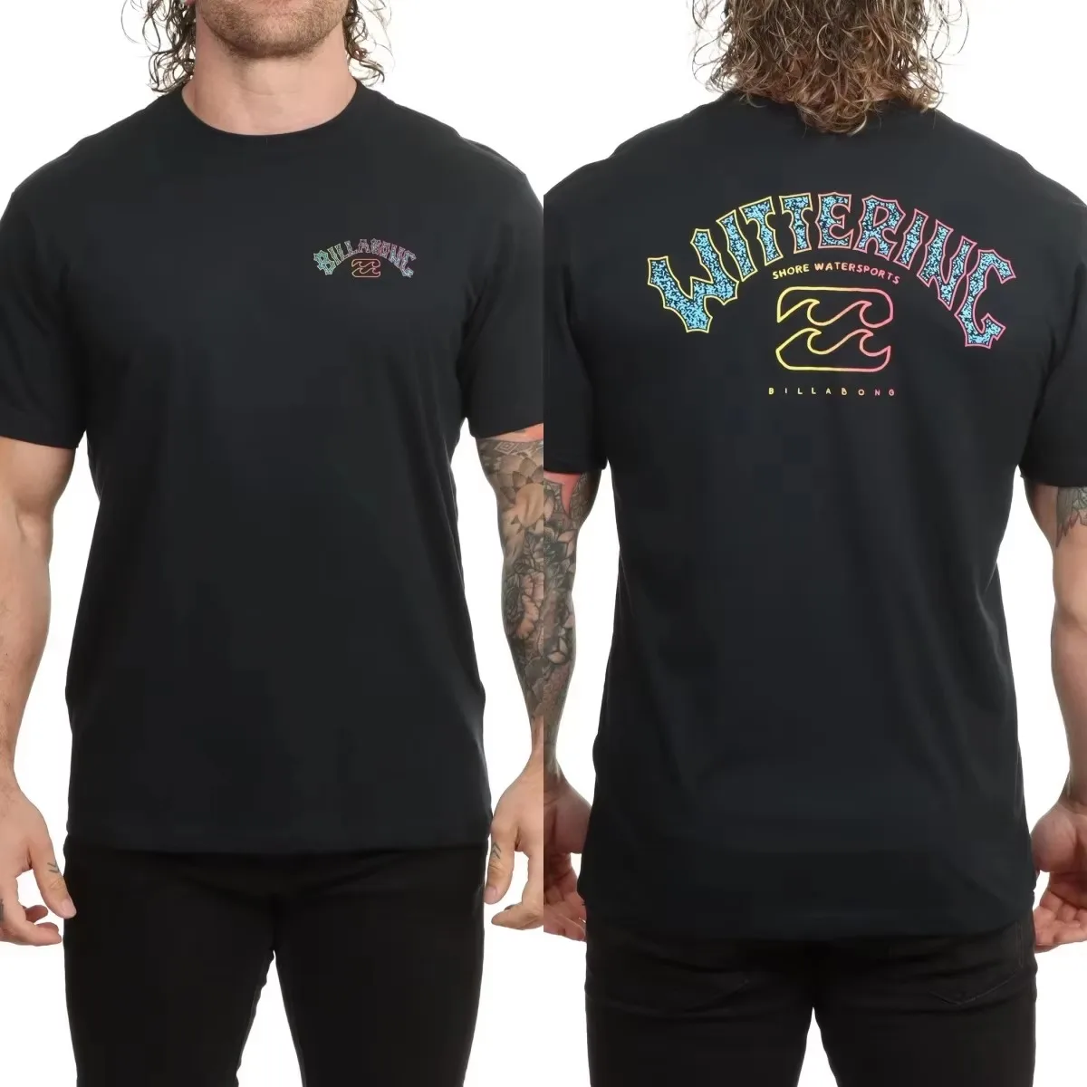 2026 New Front Back Gradient Wave Print Men T-shirt Beach Surf Graphic Oversized Cotton Casual Short Sleeve Tee