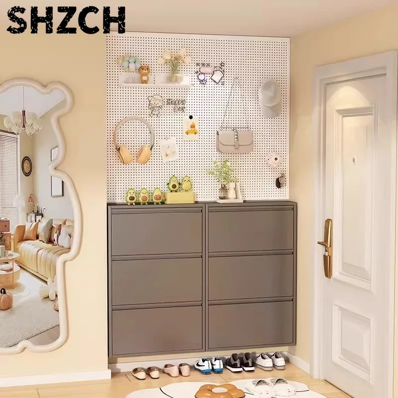 Slim Steel Shoe Cabinet Flip Drawer Storage Rack Wall-Mounted Organizer Narrow Entryway Shelf for Small Apartments