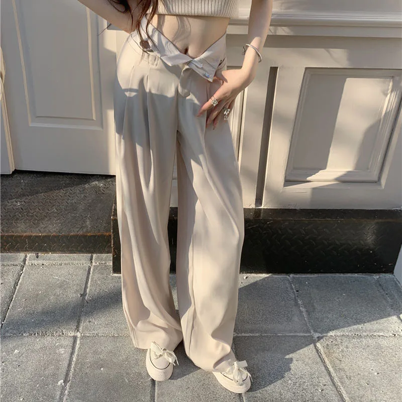 Korean Simplicity Women\'s Solid Color High Waist Trousers Summer All-match Folds Spliced Loose Wide Leg Pants Female Clothing