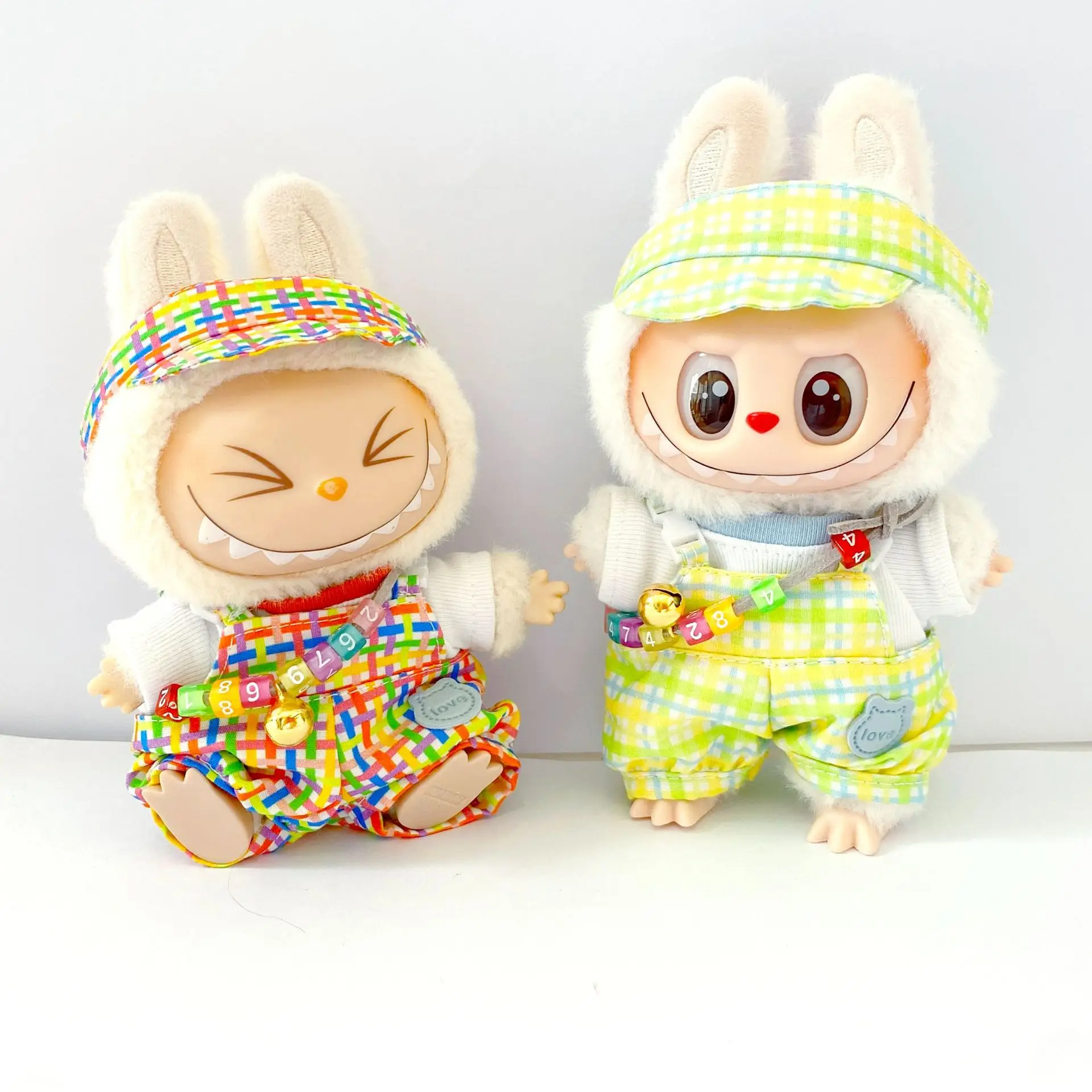 

Labubu Doll Clothing 17cm Universal Rainbow Plaid Outfit & Colorful Suspender Pants Set Accessories - For Labubu I/II Idol Dolls