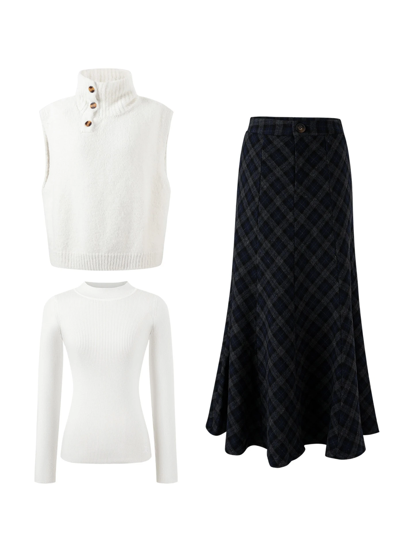 Pull tricoté blanc coréen pour femme, ensemble de pièces en t-shirt, taille haute, jupe trapèze longue, nouvelle collection automne hiver