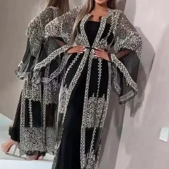 Kadın Moda Parti Abiye Seksi Dantel Maxi Uzun Elbise Yüksek Bel Elbise Yaz Uzun Kollu Zarif Abayas Derin V Yaka Elbise