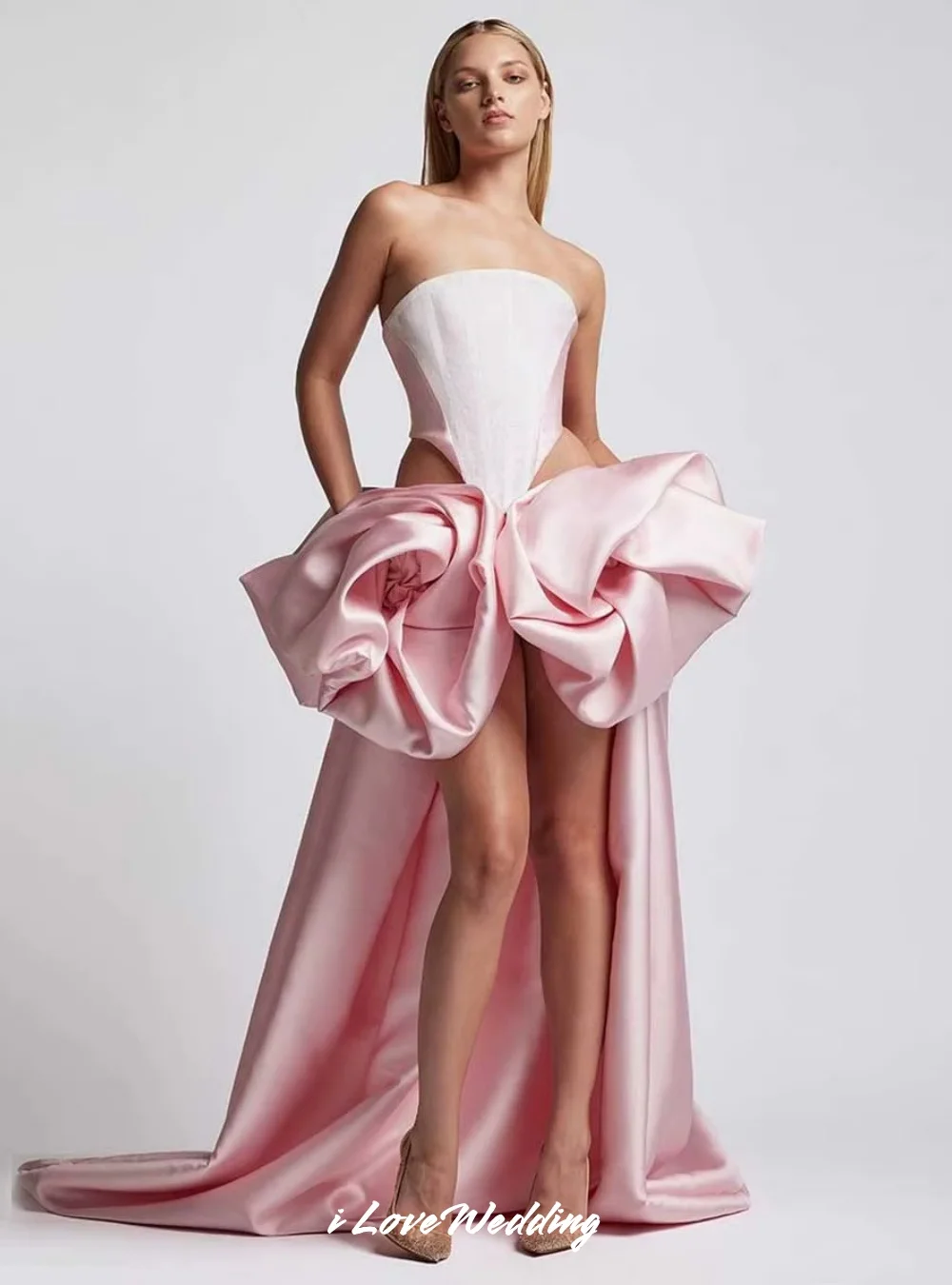 

Pink Strapless Evening Dresses 2025 Sleeveless High-Low Length 3D Rose Flower Hollow-out Folded Birthday Party Dress Customized