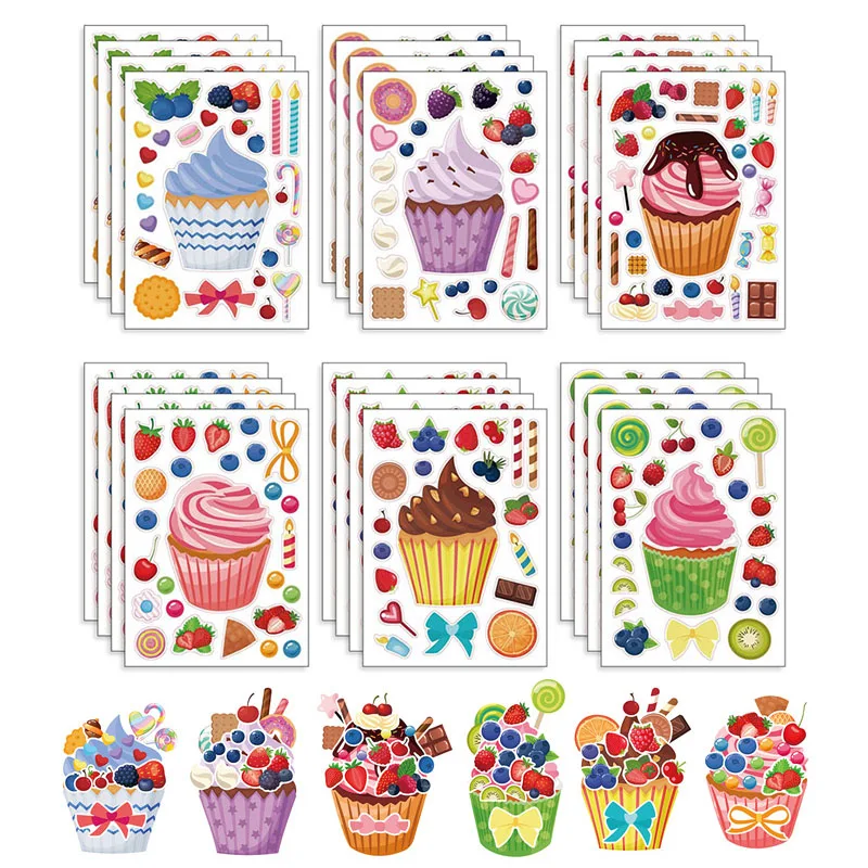 

6-24Sheets Cupcake Stickers for Kids DIY Make Your Own Cake Mix and Match Dessert Puzzle Stickers Children Party Games Favor