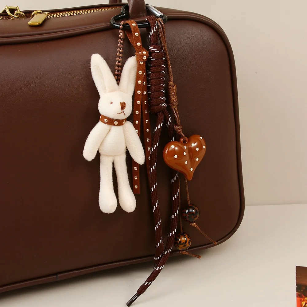 Bunny Bag Charm Rabbit Keychain Brown Heart Beaded Braided Cords Multi Charm Handbag Purse Decoration Accessory Gift For Women