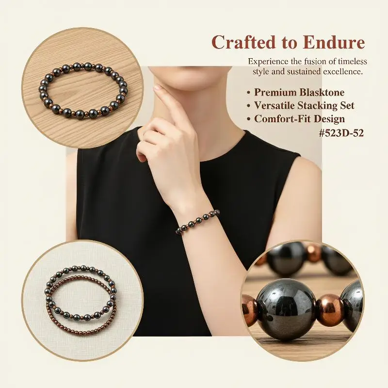 NEW 2Pcs Hematite Beaded Bracelet Set, Natural Brown Stone Stretchy 8mm Polished for Men Women Daily Wear Grounding Healing Gift