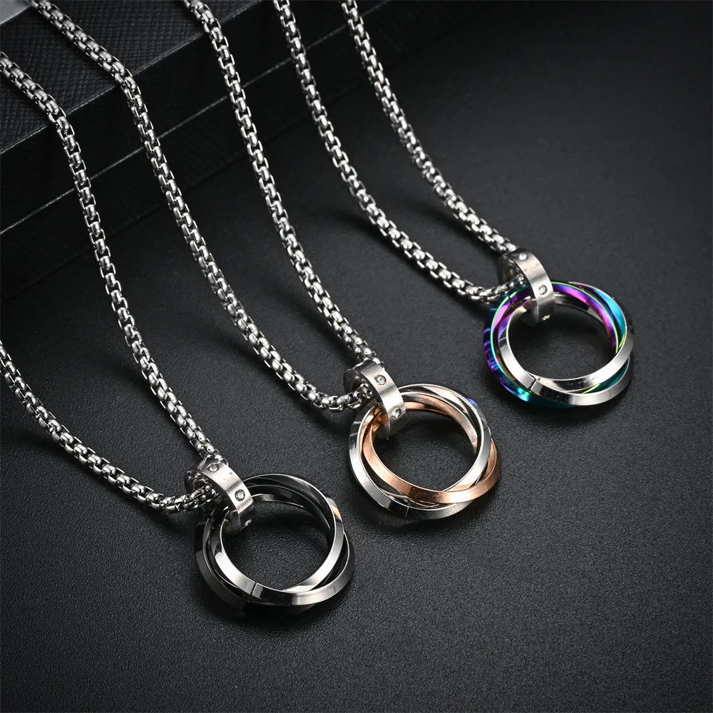 Men's Hip Hop Titanium Steel Necklace, Triple Ring Pendant Chain, Fade Resistant Street Style Jewelry, Summer Gift for Him