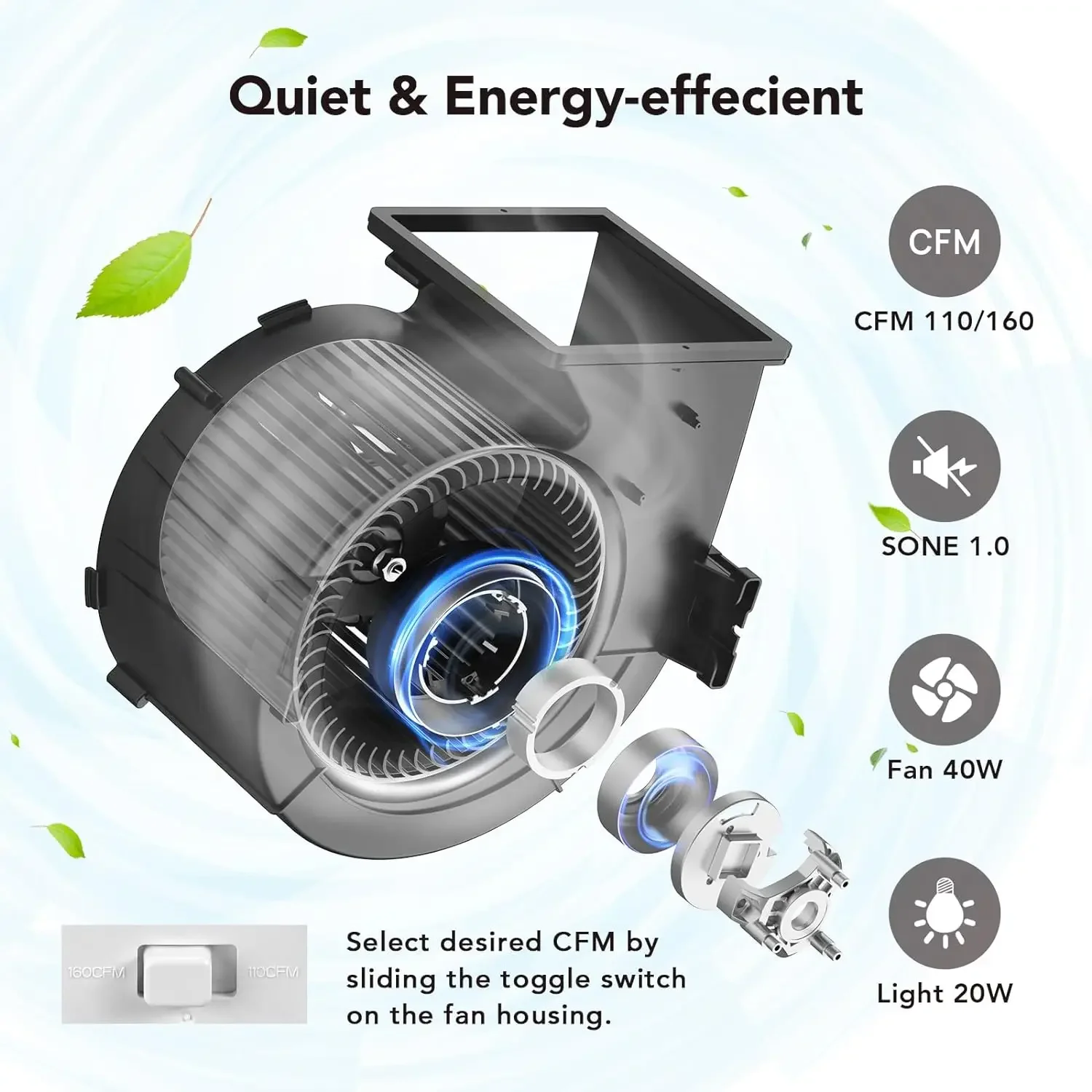 OL005 Bathroom Fan with Bluetooth Speaker,110/160 CFM 1.0 Sone Bathroom Exhaust Fan with Light,40W Bathroom Fan with Light