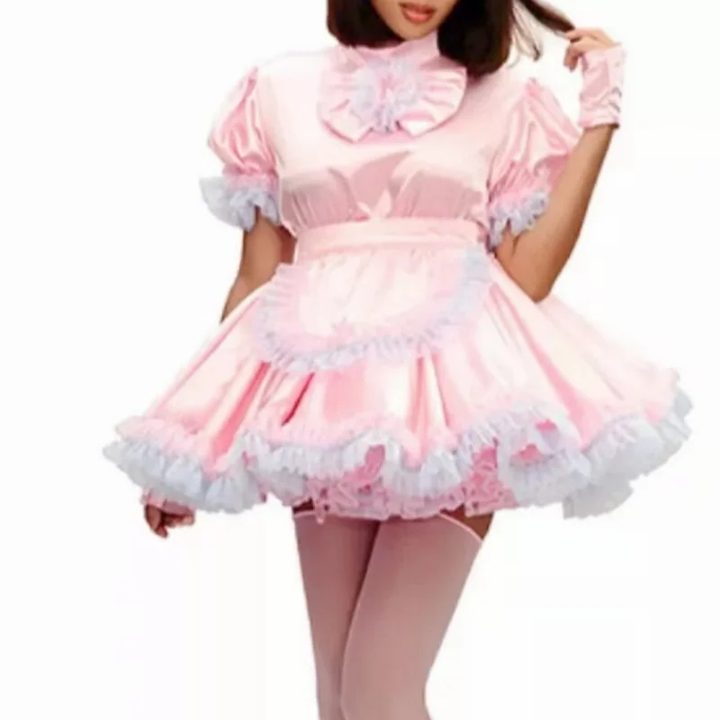 Sexy Pink Satin Man Dress Short Sleeved White Lace Trimmed Organza Lining Maid Cross dressing ABDL Adult Baby Puffy Dress