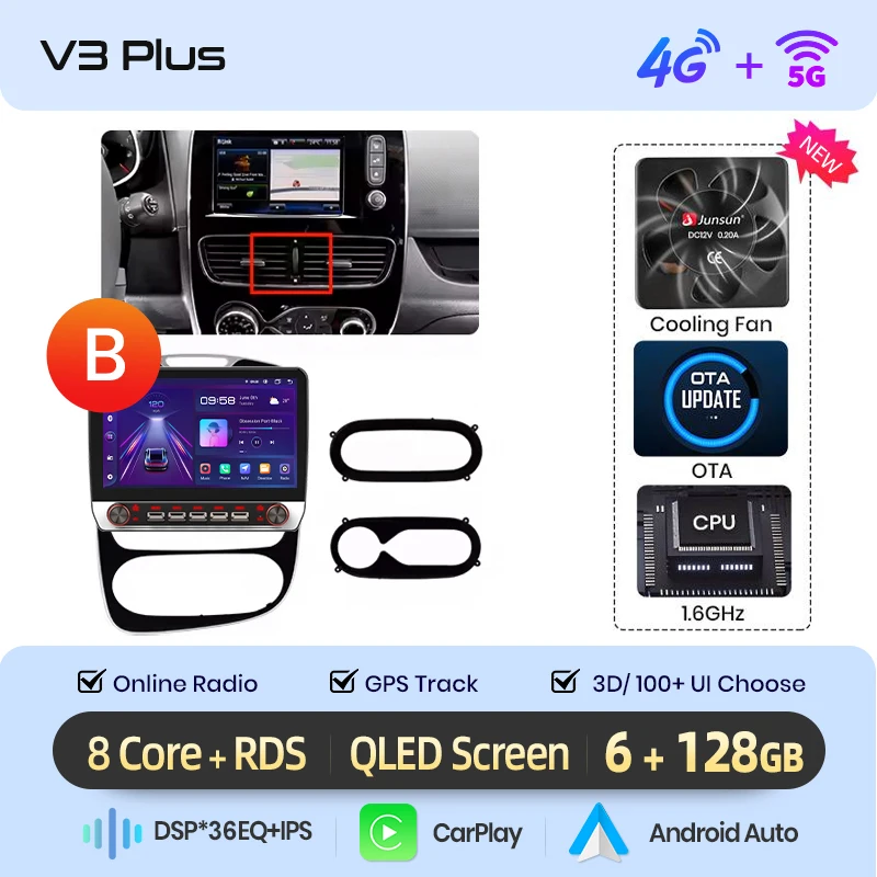 Junsun 13.1″ QLED Draadloze CarPlay Android Auto Autoradio Voor Renault Clio 4 ZOE 2012-2019 Intelligente Systemen DSP SWC RDS GPS