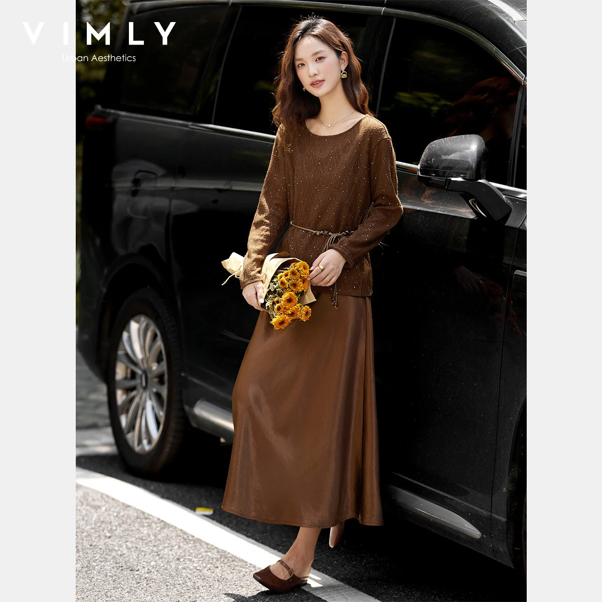 

VIMLY Woman Dress Sets Two Pieces Brown Vintage Autumn 2025 Sequins Hook Flower Hollow Knitted Tops Stain Midi Dresses A2821
