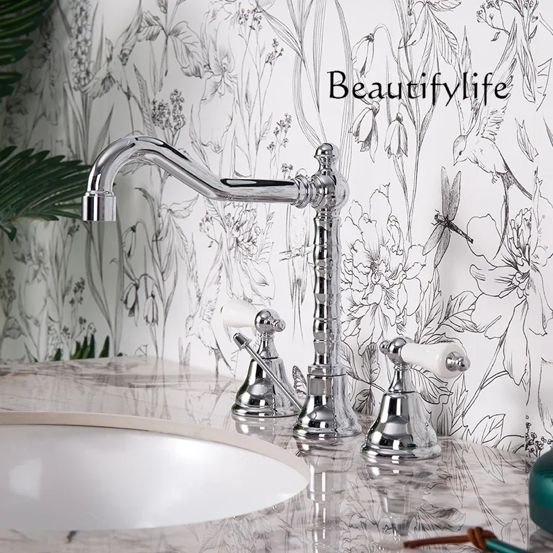 

BJ Смеситель для умывальника во французском стиле ретро с выдвижной водой, медь для смешанной горячей и холодной воды с тремя отверстиями