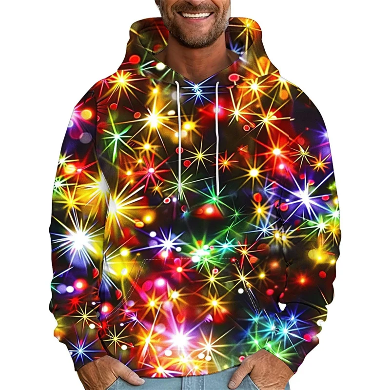 Colorful Fireworks Pattern Hoodie For Men Christmas Tree 3D Printed Long Sleeve Casual Pullover Tops Hoodies Loose Sweatshirt