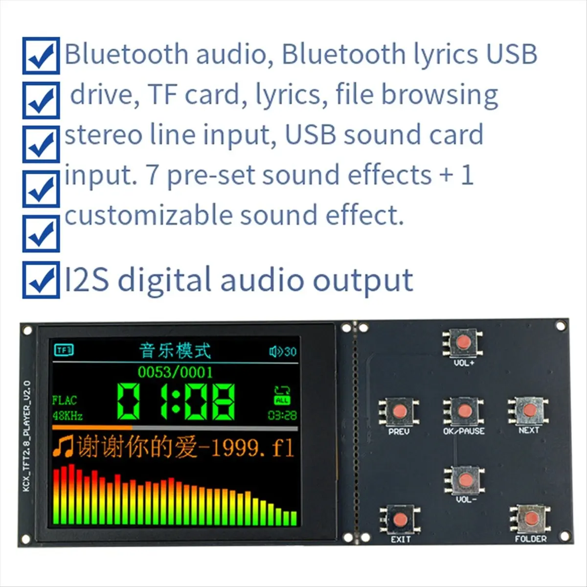 A85P New TFT Color Screen 2.8-Inch Lossless Bluetooth MP3 Audio Playback Decoder Board Module USB TF Stereo(2.0)