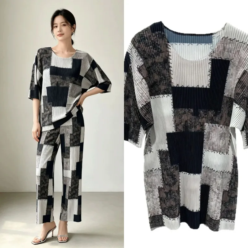 Miyake Pleated Print T-Shirt 2026 Autumn Plisse Mid-Sleeve Top Women Vintage Patchwork Square Print Pleats Loose Slim T-Shirt