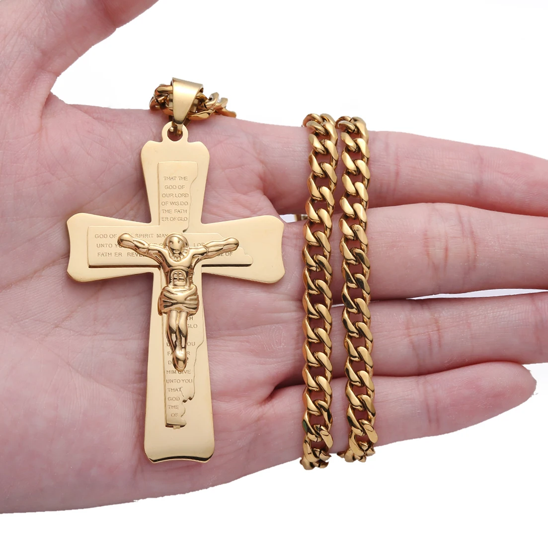 Heavy Big Jesus Cross Stainless Steel Pendant for Men Christian Crucifix Chain Necklace Religious Gold Color Jewelry Collar