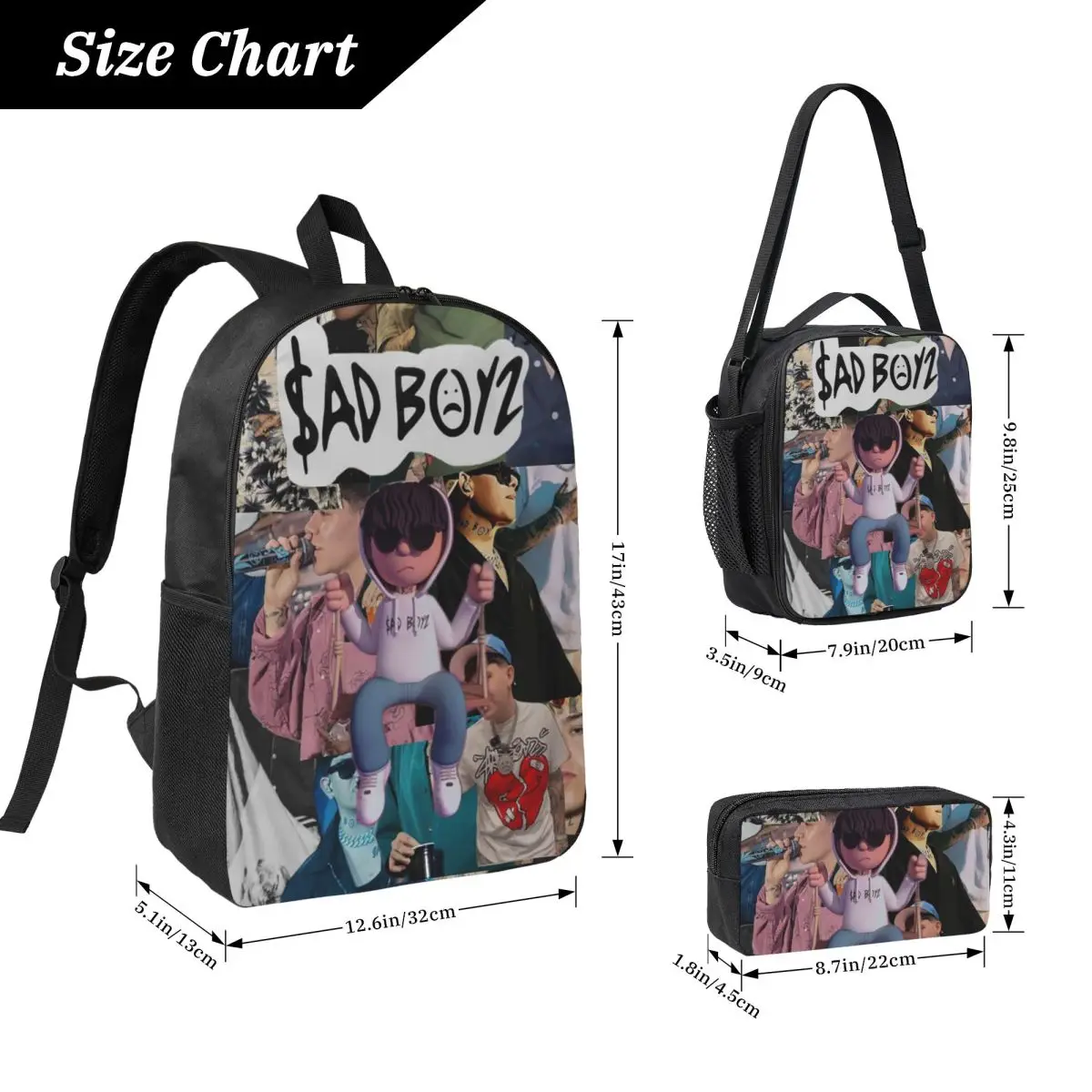 Junior H Merch Sad Boyz Backpack Boys Girls BookBag School Bag Computer Shoulder Bags 3ps Insulated Lunch Bag Pencil Case