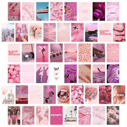 50Pcs Pink Print Collage Card Set Dream Cardboard Mural Pink Series Butterfly Rose Silk Wall Collage Poster Decor for Bedroom