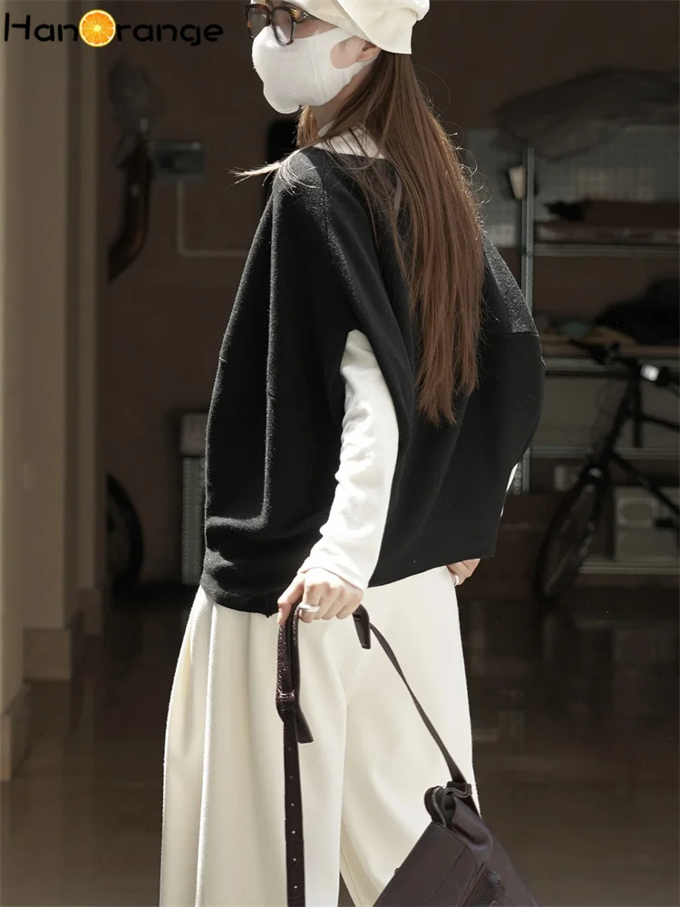 한오렌지 2025 가을/겨울 패션 릴렉스 O넥 원피스 소매 루즈 스웨터 부드러운 피부 친화적 탑 블랙/카키/커피