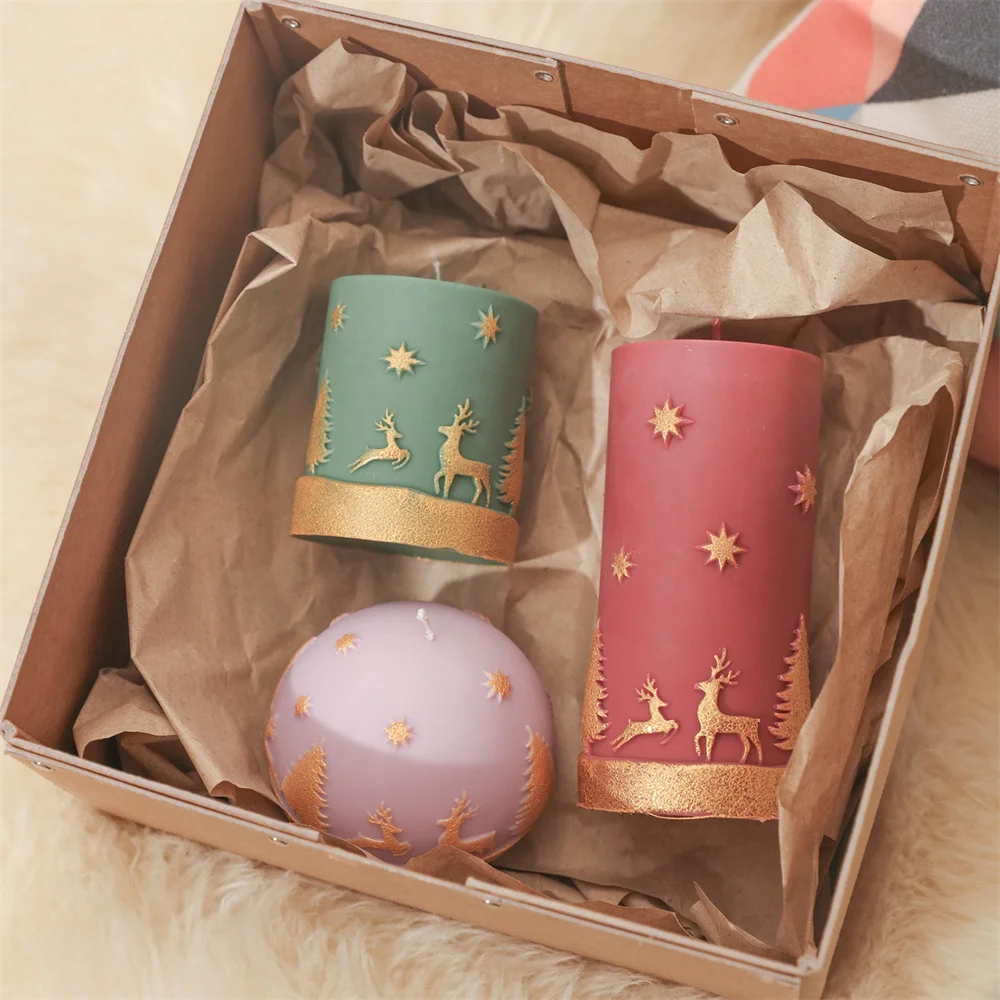 Chritsmas Embossed Pillar Candle Silicone Mold with Chrsitmas Tree Cylindrical Candle Making Mould DIY Handmade Xmas Gift